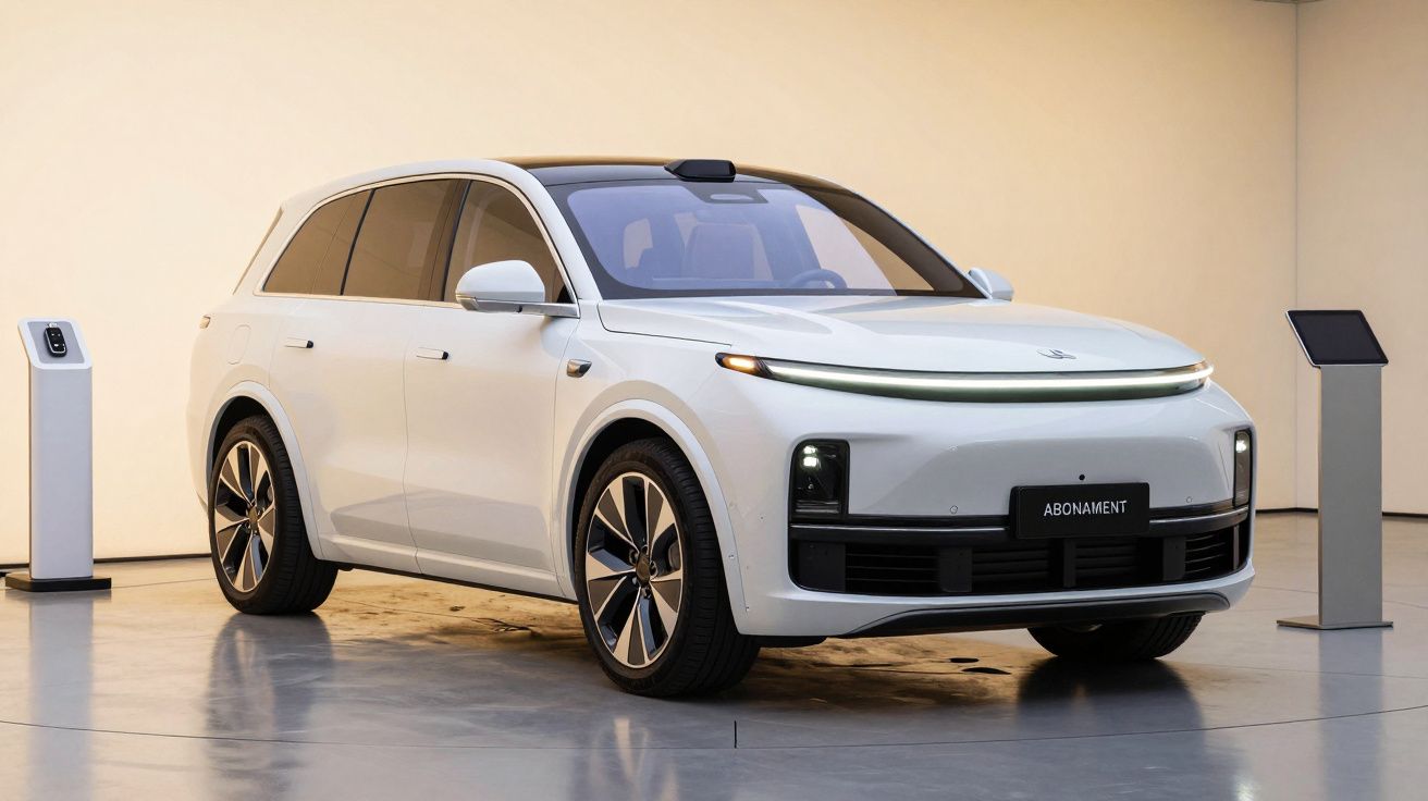 Mașină electrică albă futuristă într-un showroom, cu faruri subțiri și design elegant modern.