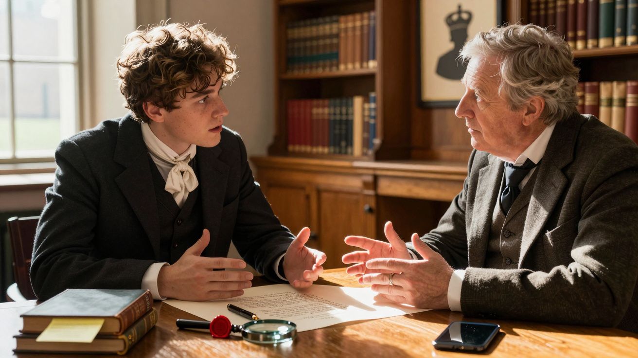 Doi bărbați discută la o masă, în fața unor documente și cărți, într-un birou cu rafturi de cărți.