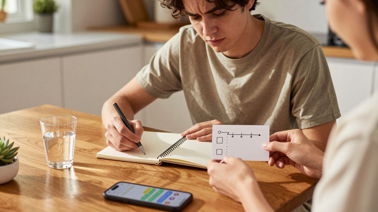 Tânăr scriind într-un caiet într-o bucătărie, cu un pahar de apă și un telefon, ținând un card cu o diagramă de către o altă 