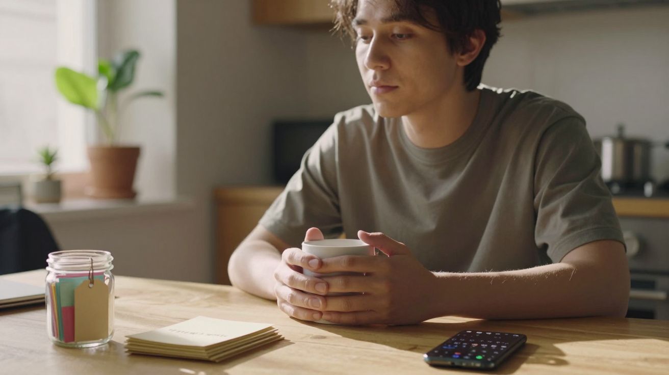 Bărbat tânăr stă la o masă din bucătărie ținând o cană, lângă el se află un telefon și câteva notițe.