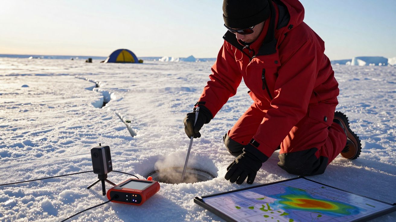 Bărbat în costum roșu studiază gheața cu echipament pe un câmp înghețat; cort galben în fundal.