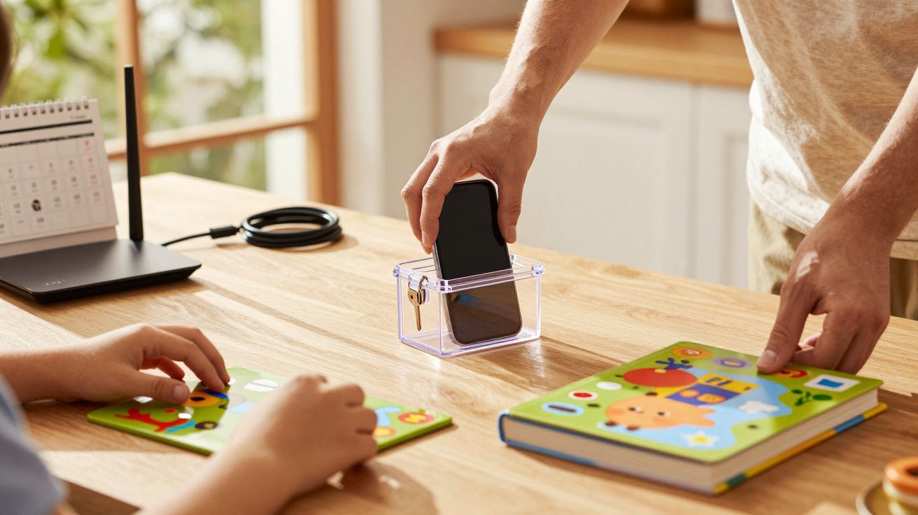 Persoană punând telefonul într-o cutie pe masă, lângă un copil cu cărți colorate și un router în fundal.