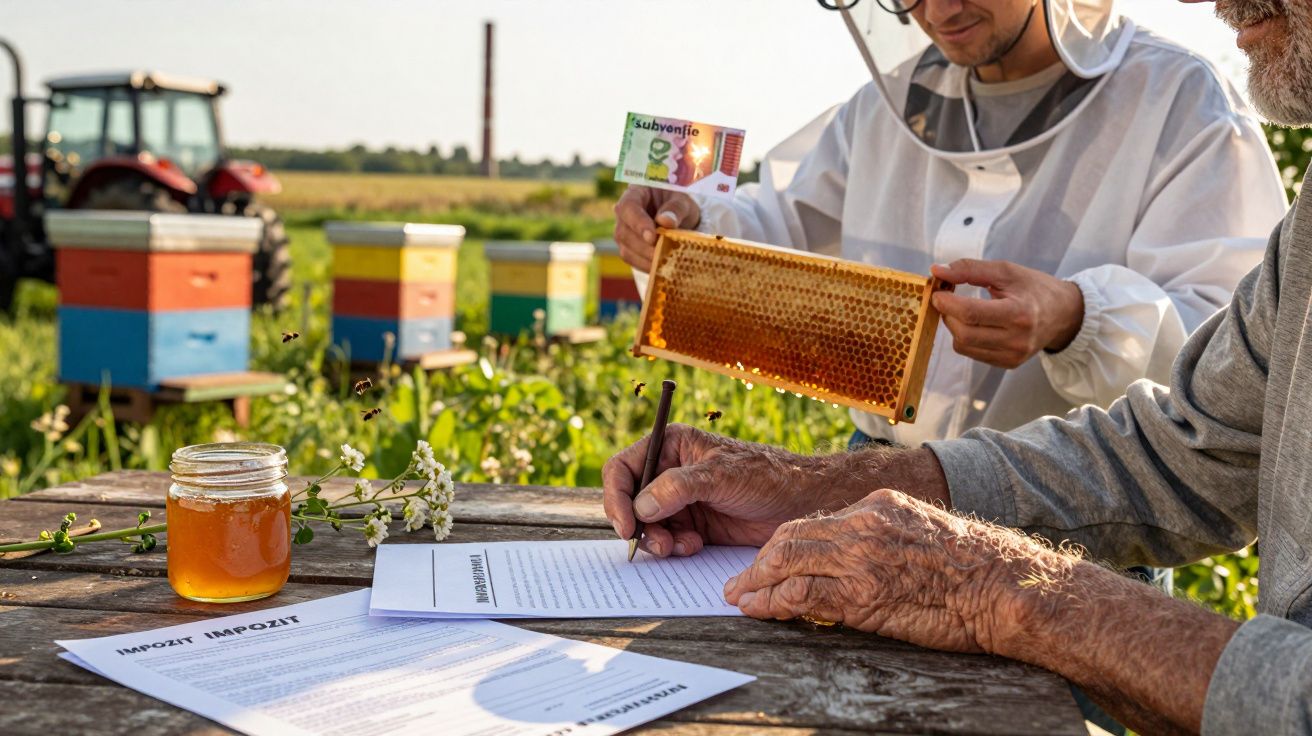 Apicultori lucrând în câmp alături de stupi de albine, cu documente și miere pe masă.