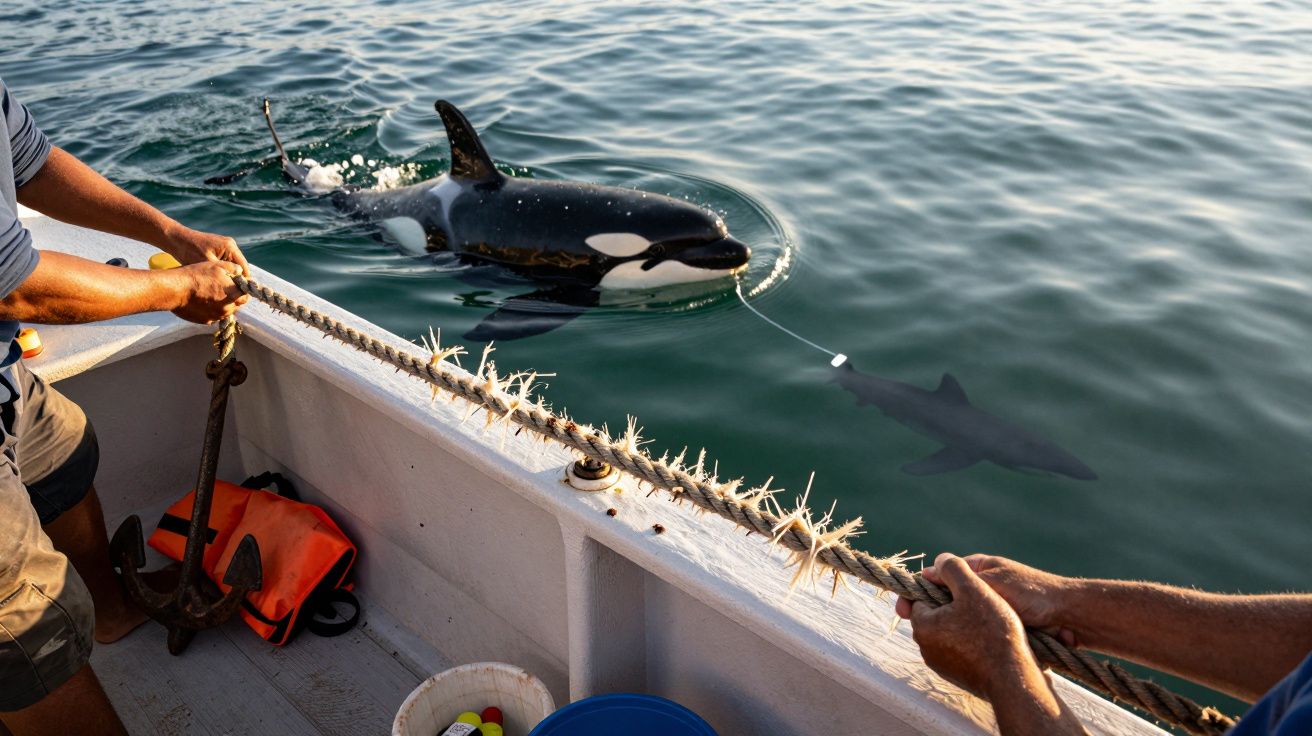 O orcă înoată lângă o barcă de pescuit, legată de un șir de capcane de rechini.