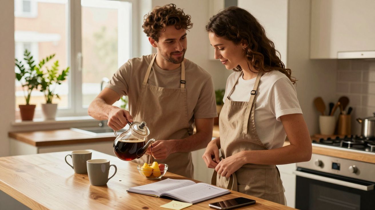 Cuplu fericit în bucătărie, purtând șorțuri, turnând ceai în căni, cu un caiet deschis pe masa de lemn.