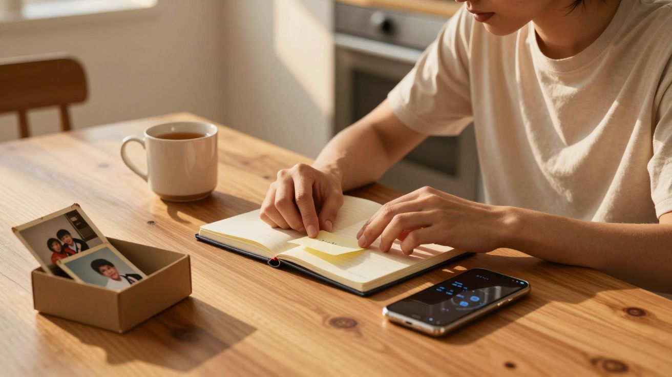 Persoană lipind un bilet într-un caiet, cu o ceașcă de ceai, un telefon și fotografii pe masă din lemn.