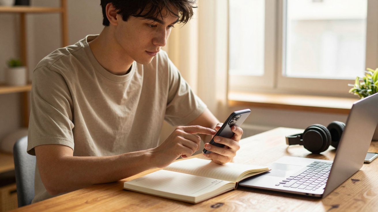 Tânăr la o masă de lemn, utilizând un telefon mobil lângă un laptop și un caiet deschis.