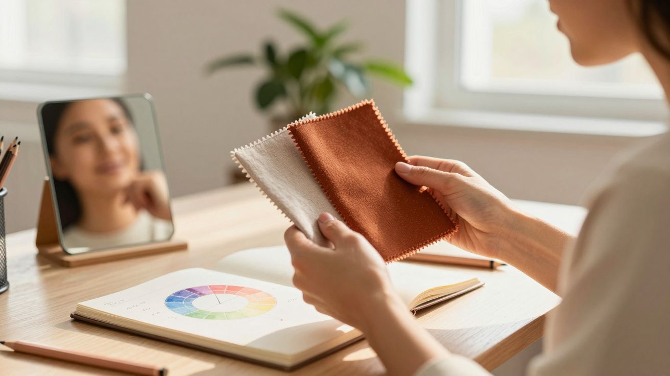 Persoană ținând mostre de materiale textile la birou, cu oglindă și carnet de notițe colorate pe fundal.