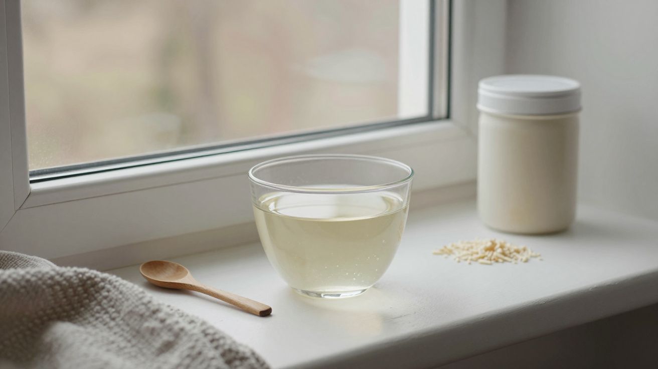 Bol cu apă de orez pe pervaz, lângă linguriță de lemn, borcan alb și orez vărsat.