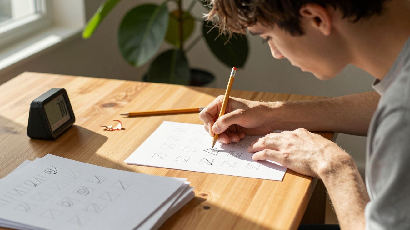 Tânăr desenând forme geometrice pe hârtie la o masă de lemn, alături de un ceas și o plantă în fundal.