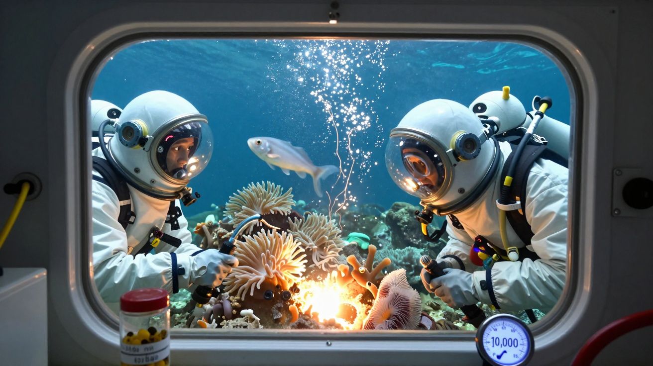 Doi scafandri în costume explorează un recif de corali sub apă, cu bule și pești în jur.