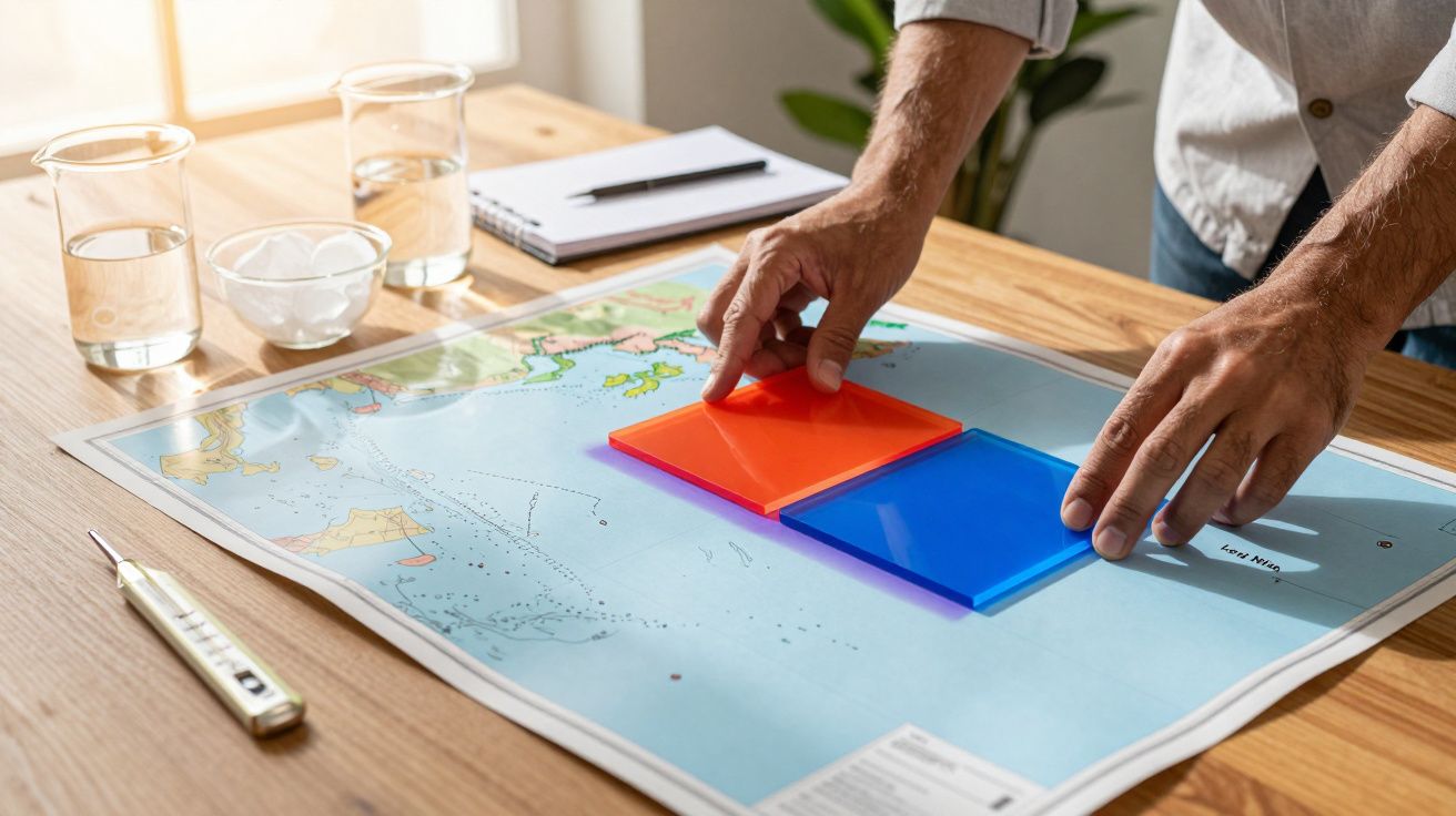 Mâini aranjând bucăți de plastic colorat pe o hartă pe o masă de lemn, lângă un carnet și un creion.