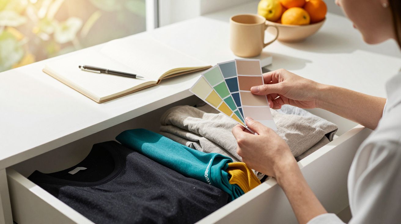 Persoană ținând paletar de culori lângă un sertar cu haine pliate, o agendă și o ceașcă pe masă.