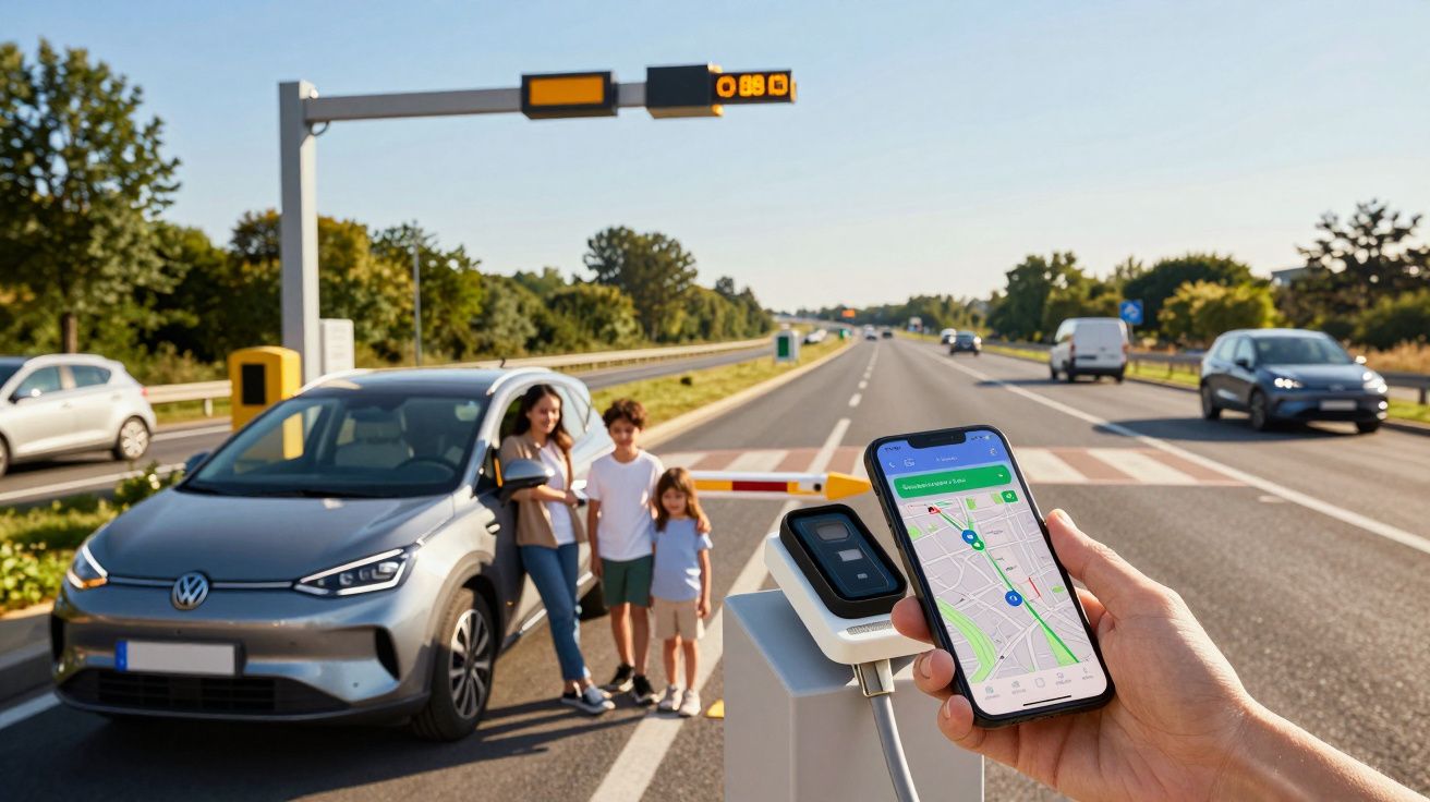 Persoană arătând o aplicație de navigație pe telefon, familie lângă o mașină electrică pe autostradă.