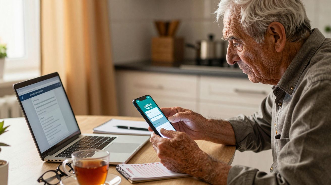 Un bărbat în vârstă folosind un smartphone la o masă, cu un laptop deschis și o ceașcă de ceai alături.