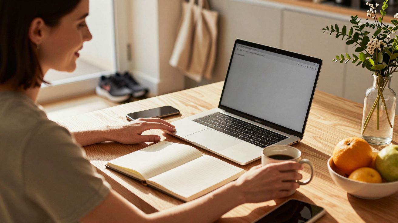 Femeie la birou cu un laptop deschis, caiet, cană de cafea și fructe pe masă.