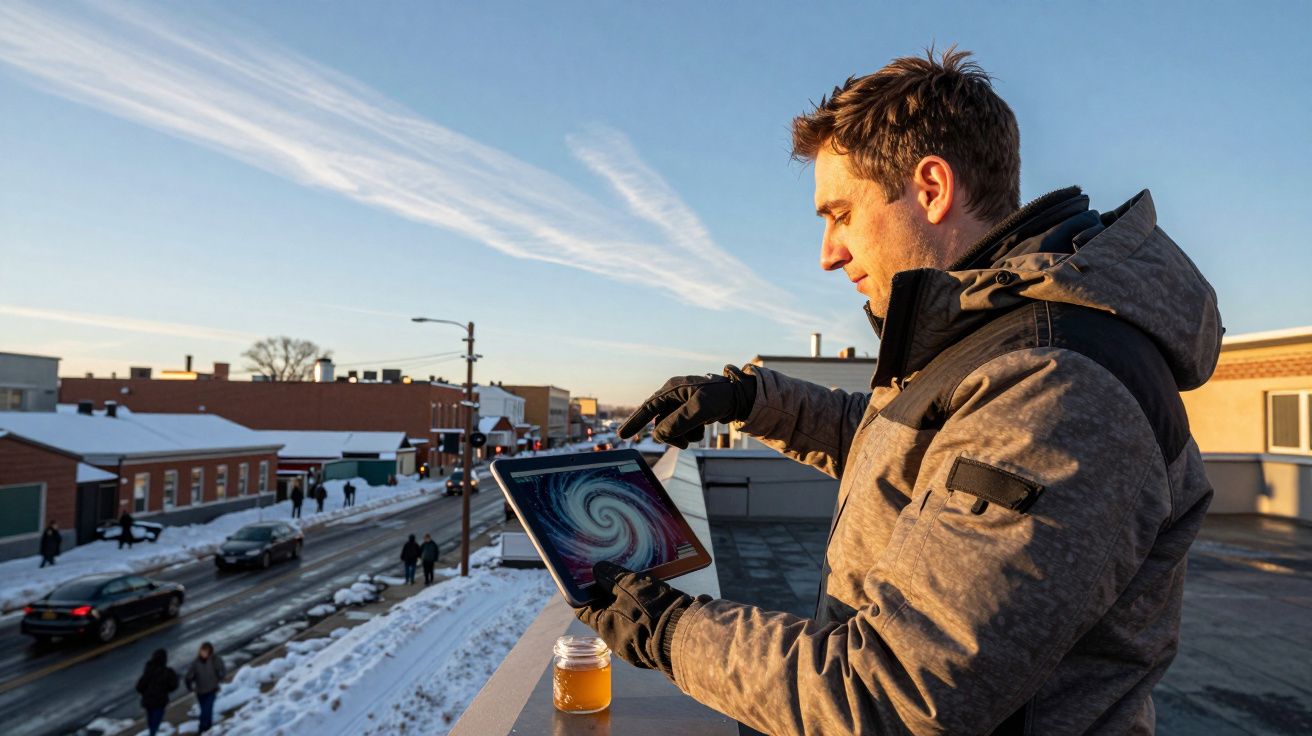 Bărbat pe acoperiș privește tableta cu imaginea unei galaxii, în fundal un oraș înzăpezit la apus.