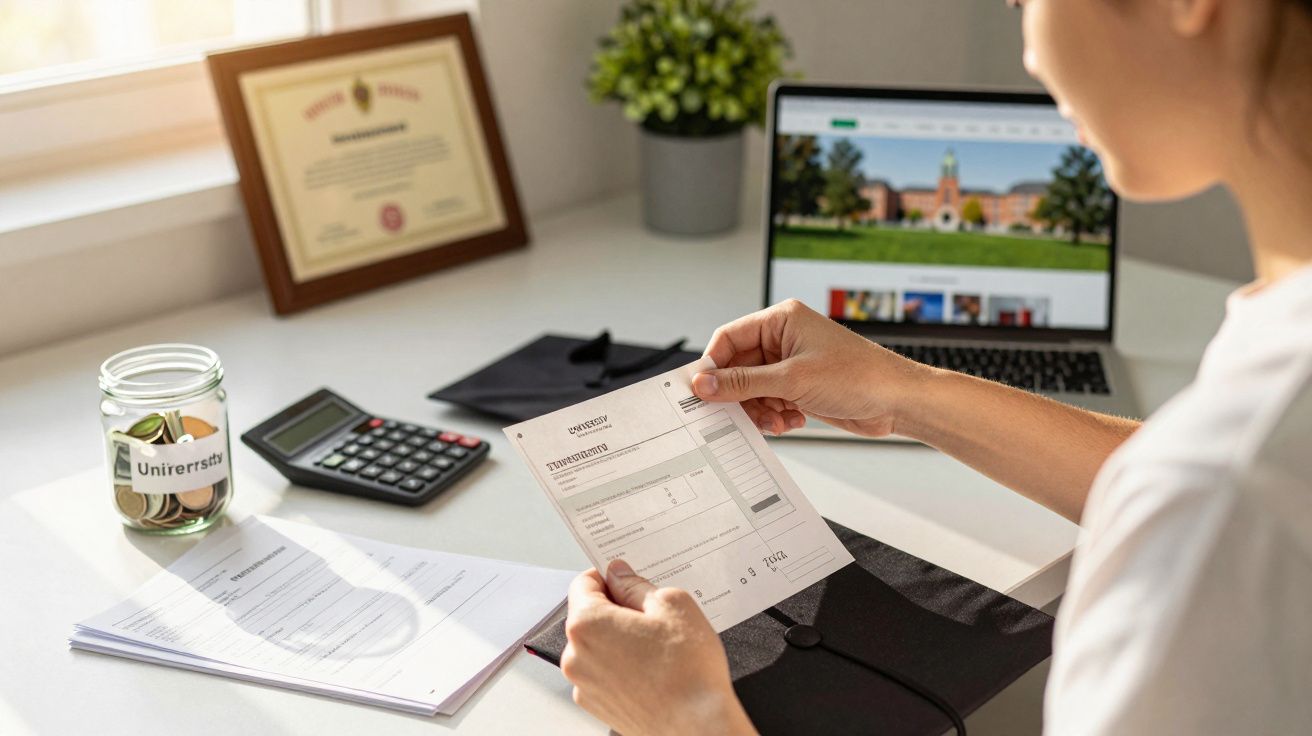 Persoană analizând documente la birou, cu laptop, calculator și borcan cu eticheta "Unirersity" pe fundal.