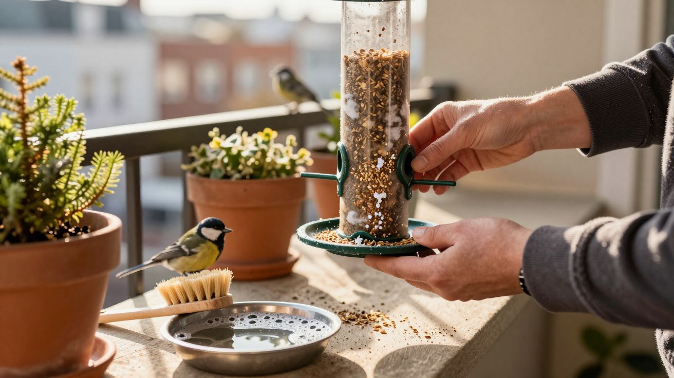 Persoană umplând un hrănitor pentru păsări pe un balcon, cu o mierlă pe o perie lângă apă și plante în ghivece.