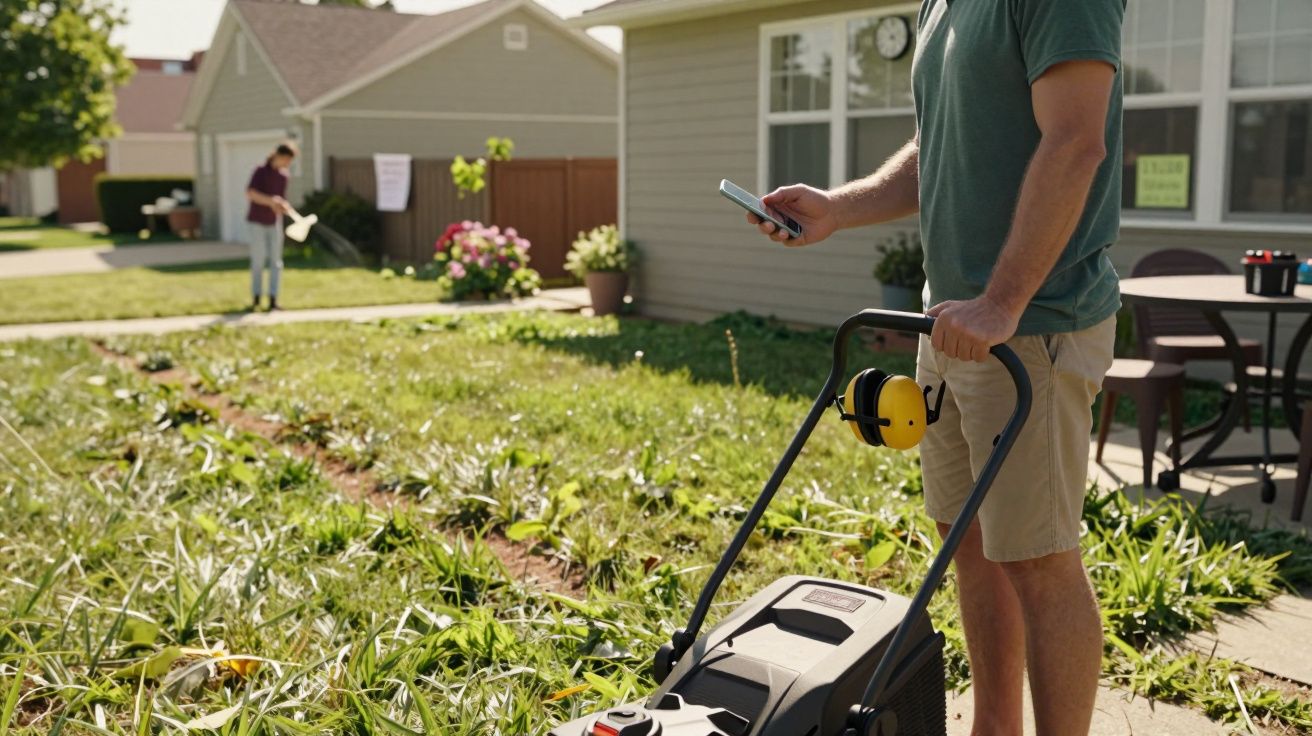 Bărbat cu mașină de tuns iarba, folosind telefonul, altul udă grădina. Casă și curte însorită în fundal.