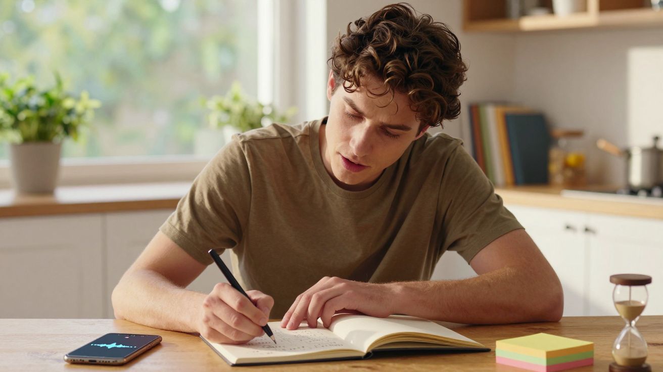 Tânăr scriind în jurnal la masă, cu telefonul alături și o clepsidră pe fundal.