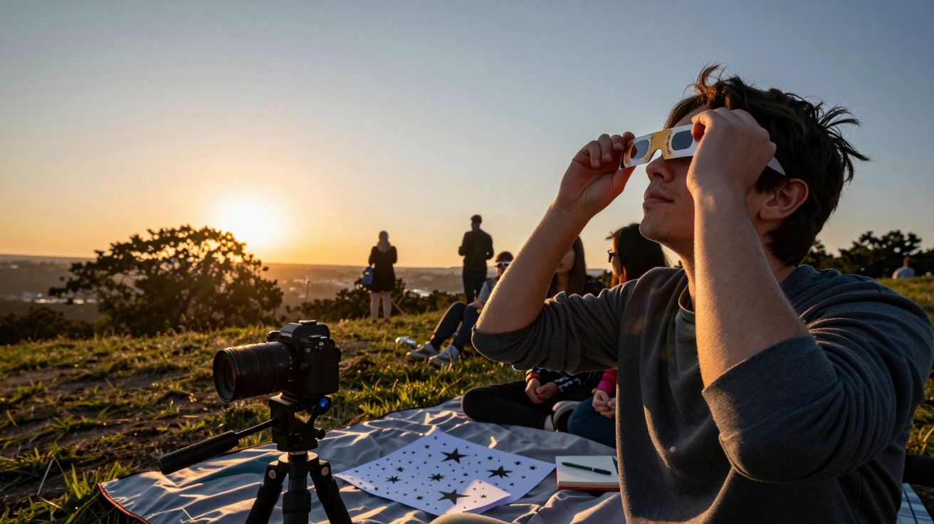 Persoană privind cerul cu ochelari speciali, la apus, pe iarbă, cu o cameră foto și planșe stelare pe o pătură.