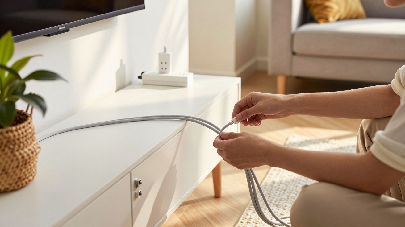 Persoană organizează cabluri lângă mobilier alb, cu plantă și canapea în fundal.