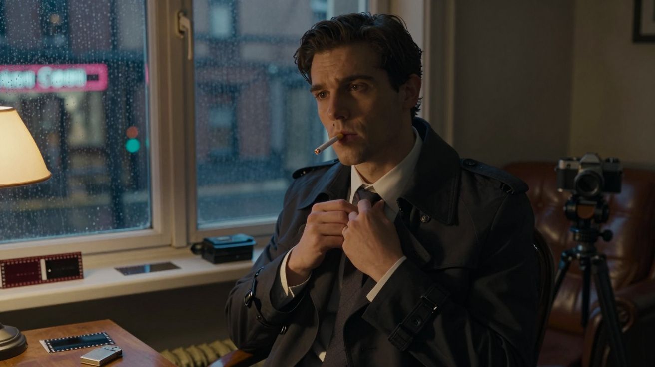 Bărbat într-un palton închis, stând lângă o fereastră ploioasă, fumează o țigară și se pregătește să plece.