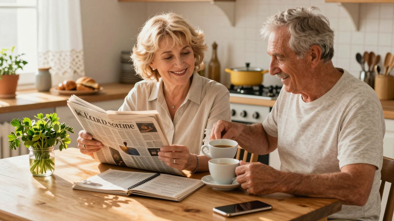 Cuplu matur savurând cafea, citind ziarul și relaxându-se la masă într-o bucătărie luminoasă.