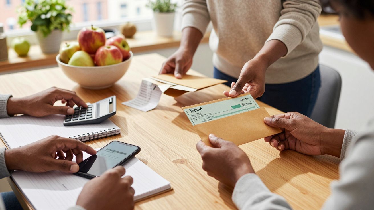 Persoane gestionând bugete la o masă, cu un calculator, telefon și cecuri, alături de un bol cu fructe.