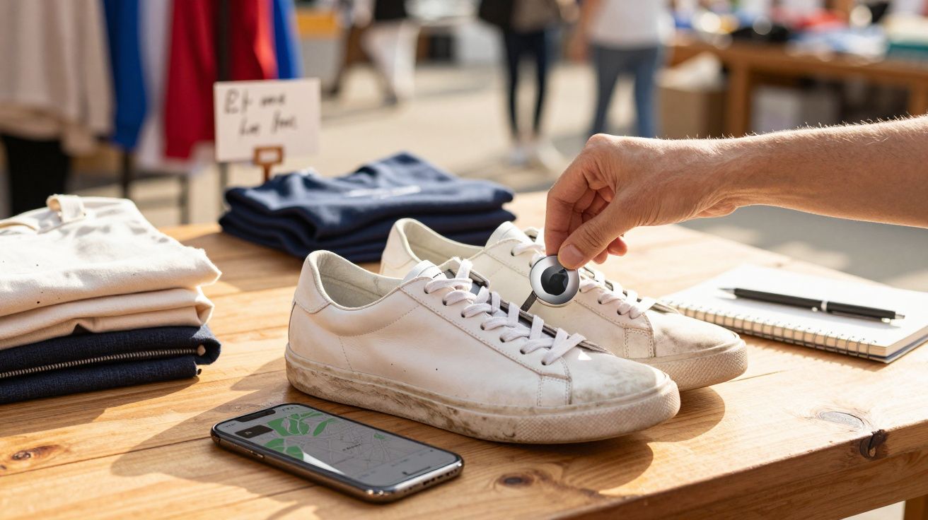 Pantofi sport albi pe o masă din lemn, cu o mână atașând un dispozitiv de urmărire mic.