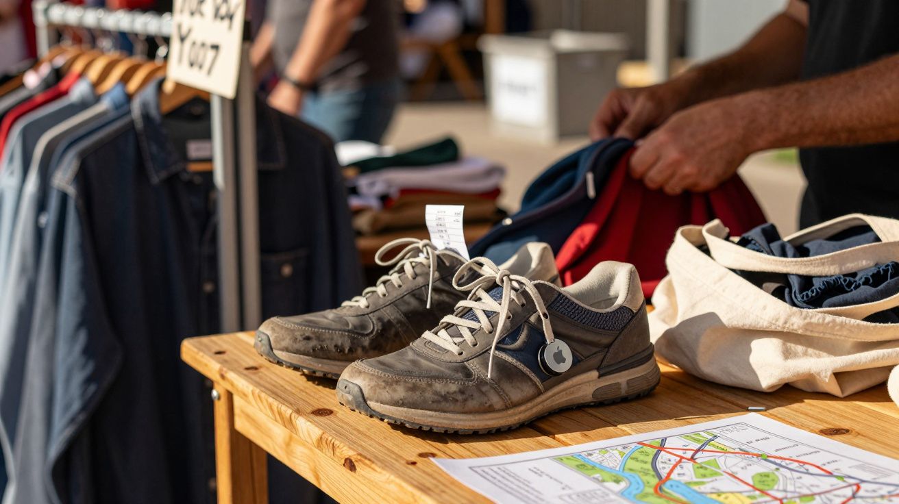 Pantofi sport cenușii pe o masă de lemn, lângă articole de îmbrăcăminte și o hartă colorată.