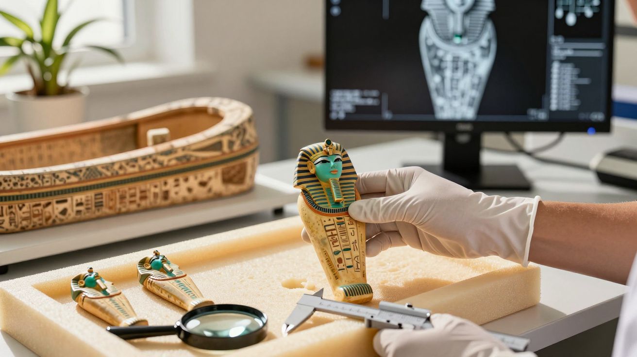 Persoană analizează figurine egiptene antice cu mănuși, lupă și ecran computerizat în fundal.