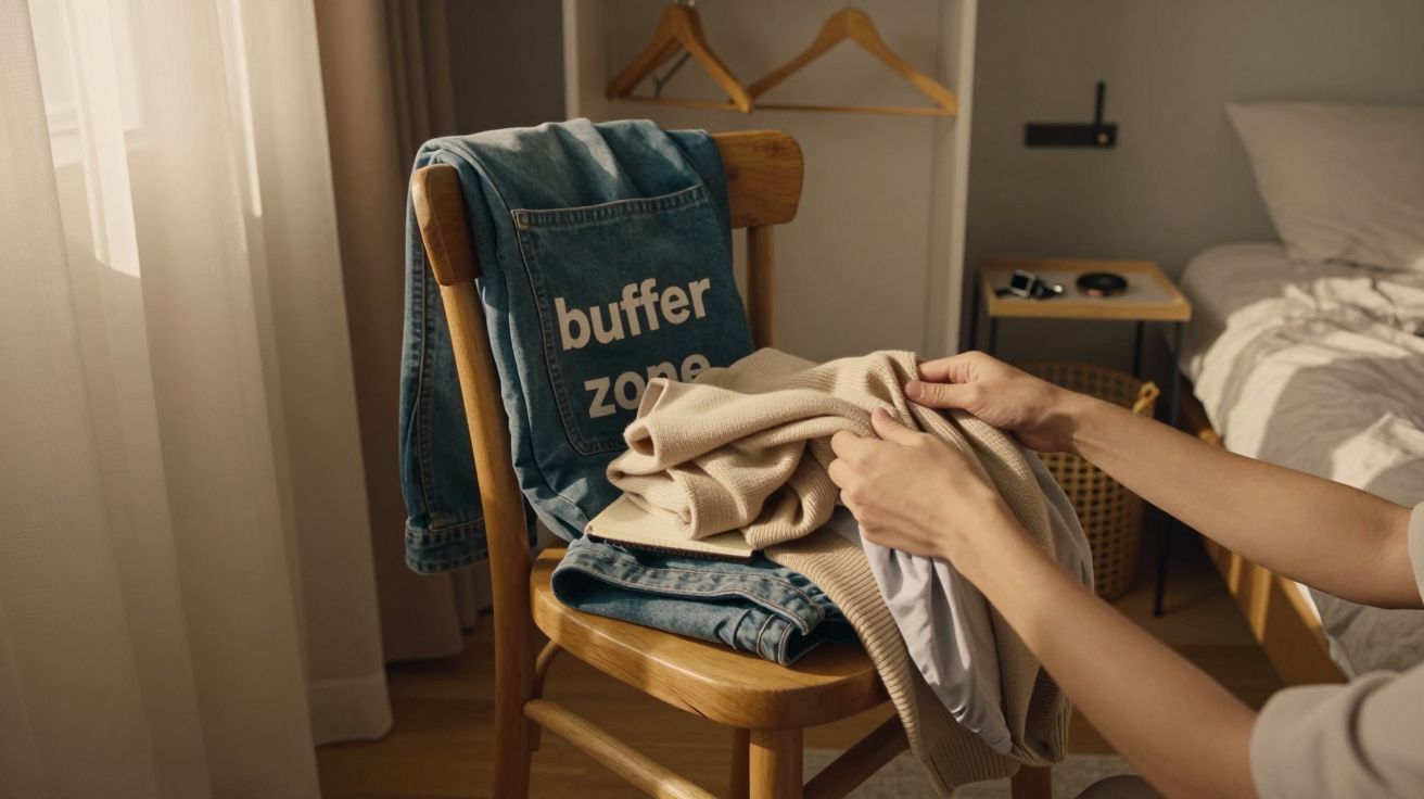 Persoană care împăturește pulovere pe un scaun de lemn, cu o jachetă de blugi atârnată de spătar.