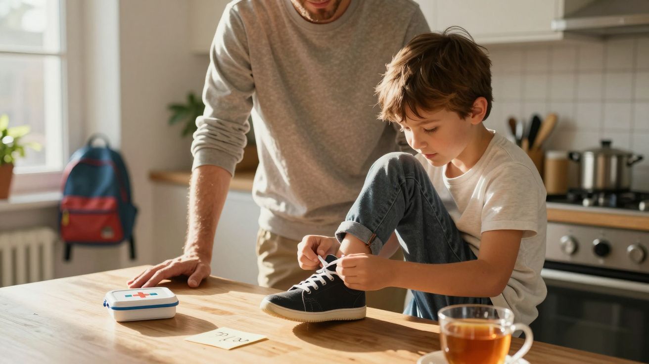 Băiat își leagă șireturile în bucătărie, ajutat de adult. Geantă roșie și pahar de ceai pe fundal.