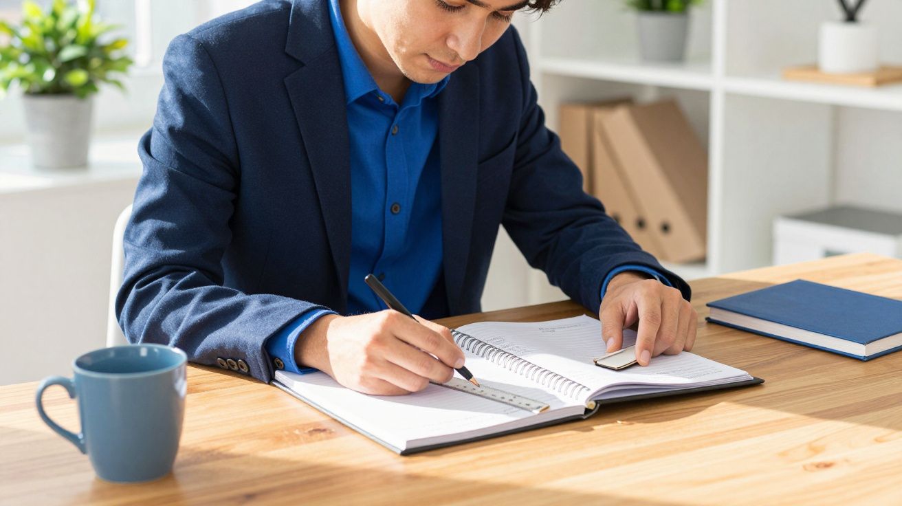 Un bărbat în costum albastru scrie într-un carnet la birou, cu o cană de cafea albastră alături.