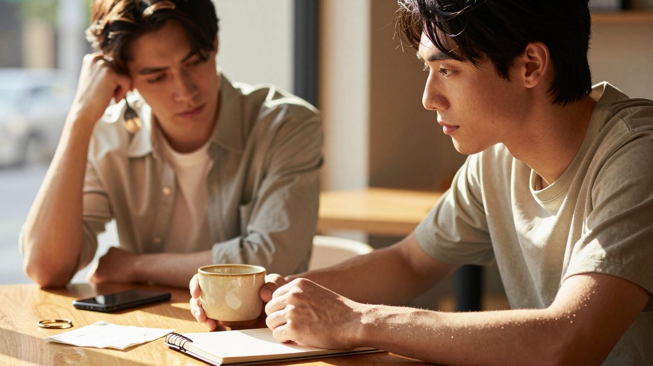 Doi tineri stau la o masă de lemn într-o cafenea, discutând. Unul ține o ceașcă de cafea, iar celălalt se uită la el.