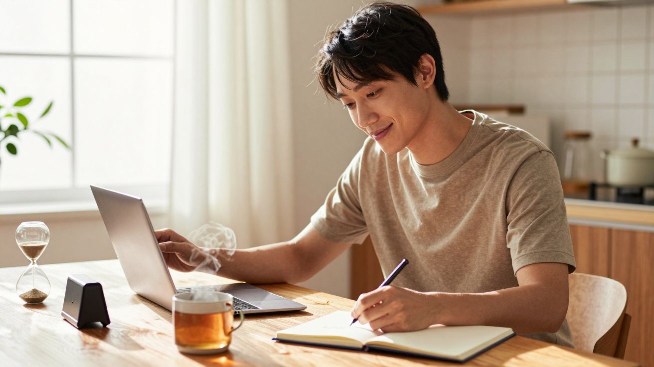 Bărbat tânăr scriind într-un caiet, cu laptopul și o ceașcă de ceai pe masă, într-o încăpere luminoasă.