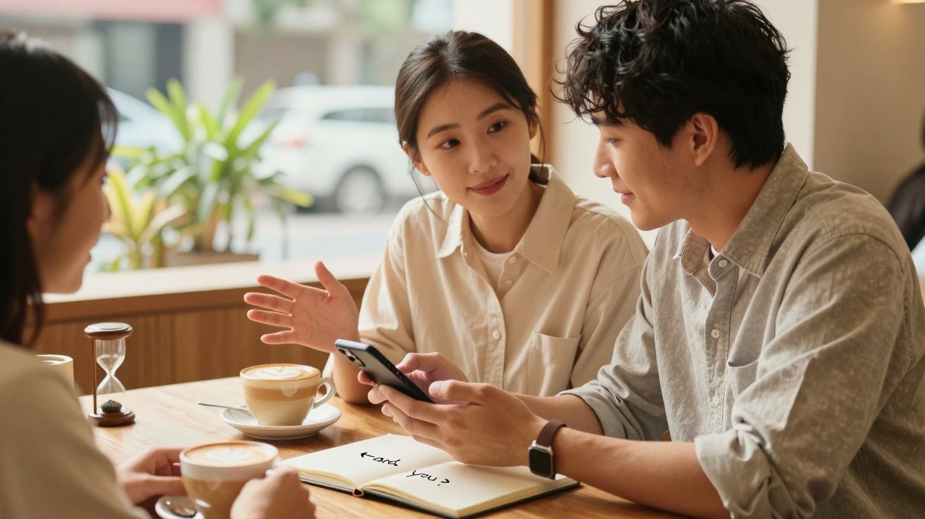 Trei persoane discută la o cafenea, două dintre ele cu căni de cafea și una ținând un telefon.