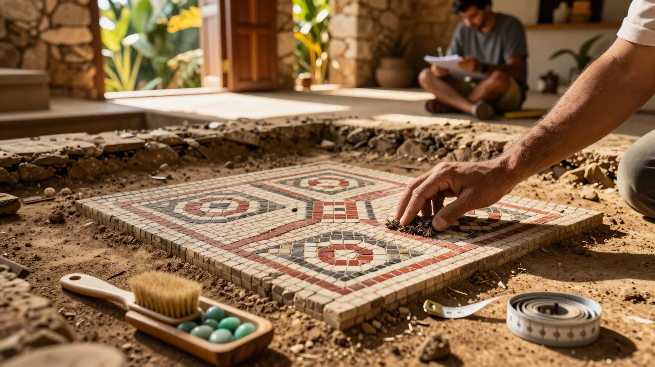 Bucăți de mozaic colorat aranjate pe pământ, cu un bărbat lucrând și un altul notând în fundal, într-o cameră luminoasă.