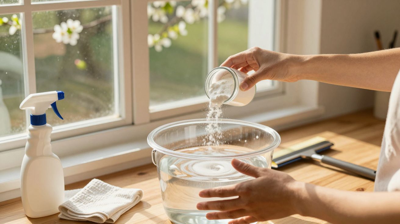 Mâini adăugând praf alb într-un vas cu apă pe o masă, alături de un spray și o cârpă lângă o fereastră.