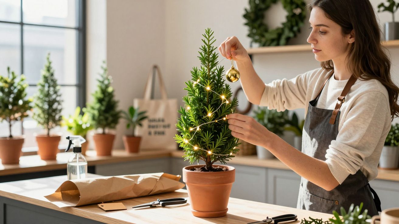 O femeie împodobește un mic brad de Crăciun în ghiveci cu ornamente aurii, într-o cameră luminoasă.