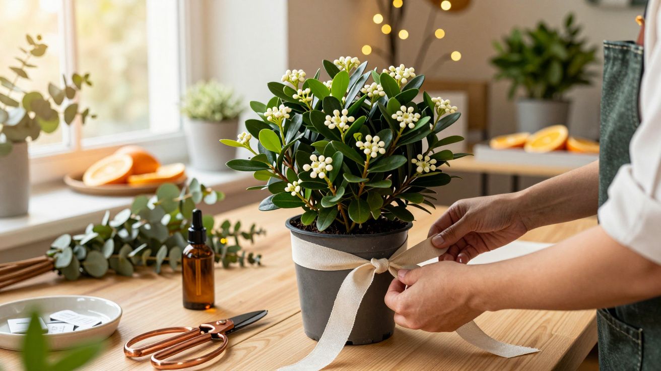 O persoană leagă o panglică albă în jurul unui ghiveci cu plantă mică cu flori albe pe o masă din lemn.