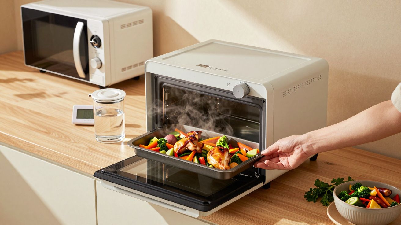 Cuptor pe blat, mână scoate tavă cu legume și carne coaptă, abur vizibil. În fundal, cuptor cu microunde.