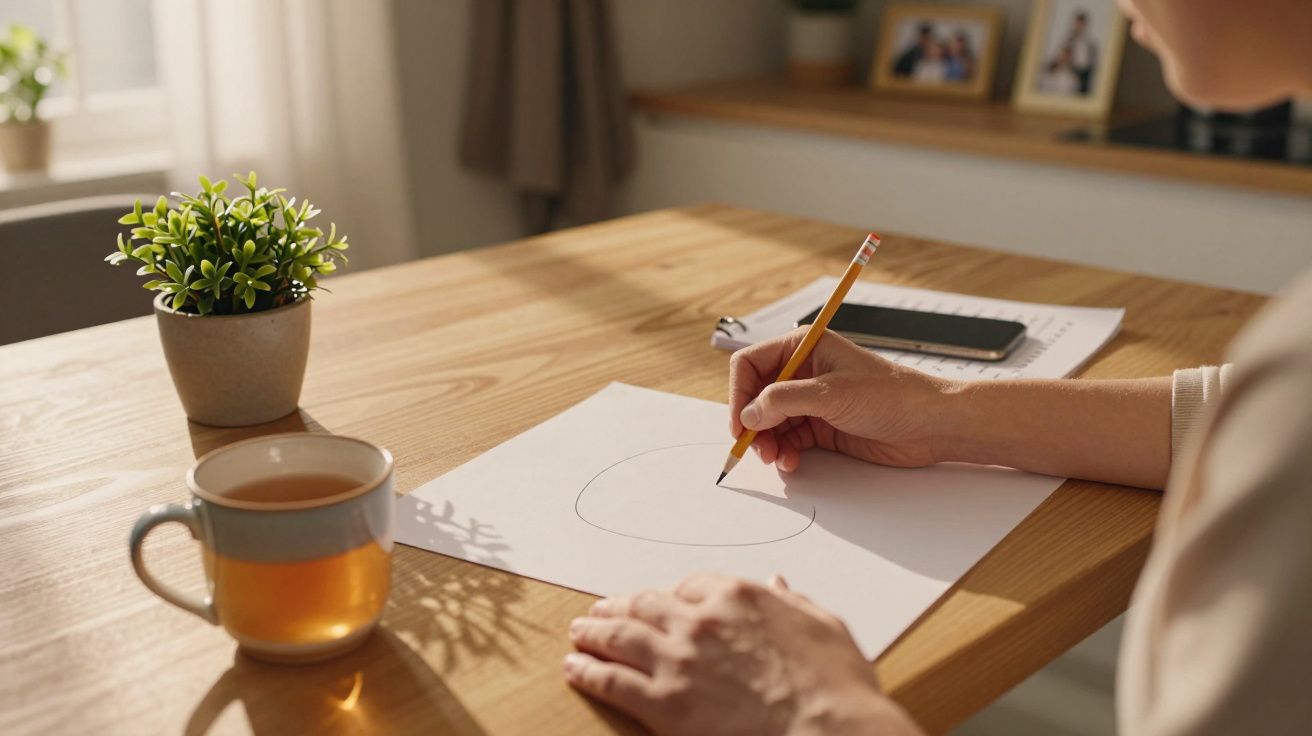 O persoană desenează un cerc pe o foaie albă la o masă de lemn, alături de o ceașcă de ceai și o plantă în ghiveci.