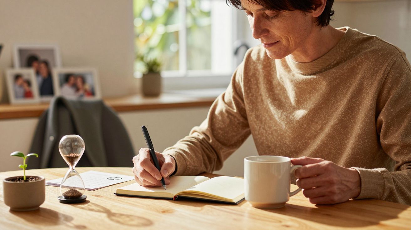Persoană scrie într-un jurnal la masă, ținând o cană. În fundal sunt fotografii, o clepsidră și o plantă mică.