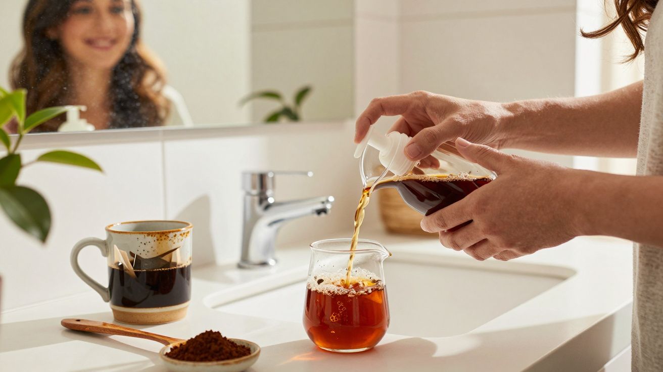 Persoană toarnă cafea într-o cană în baie; reflexie în oglindă, cană cu cafea, lingură cu cafea măcinată.