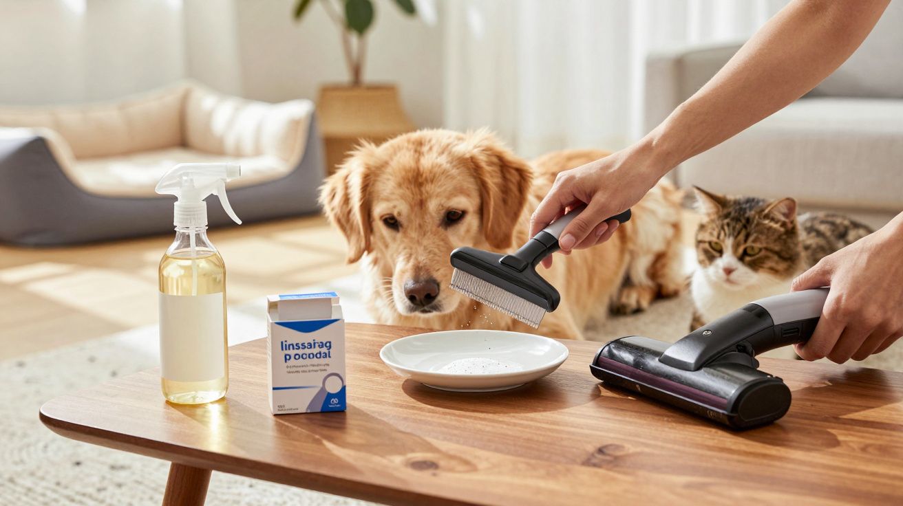 Persoană curăță părul de animale de pe o masă cu un aspirator, câine și pisică observând.