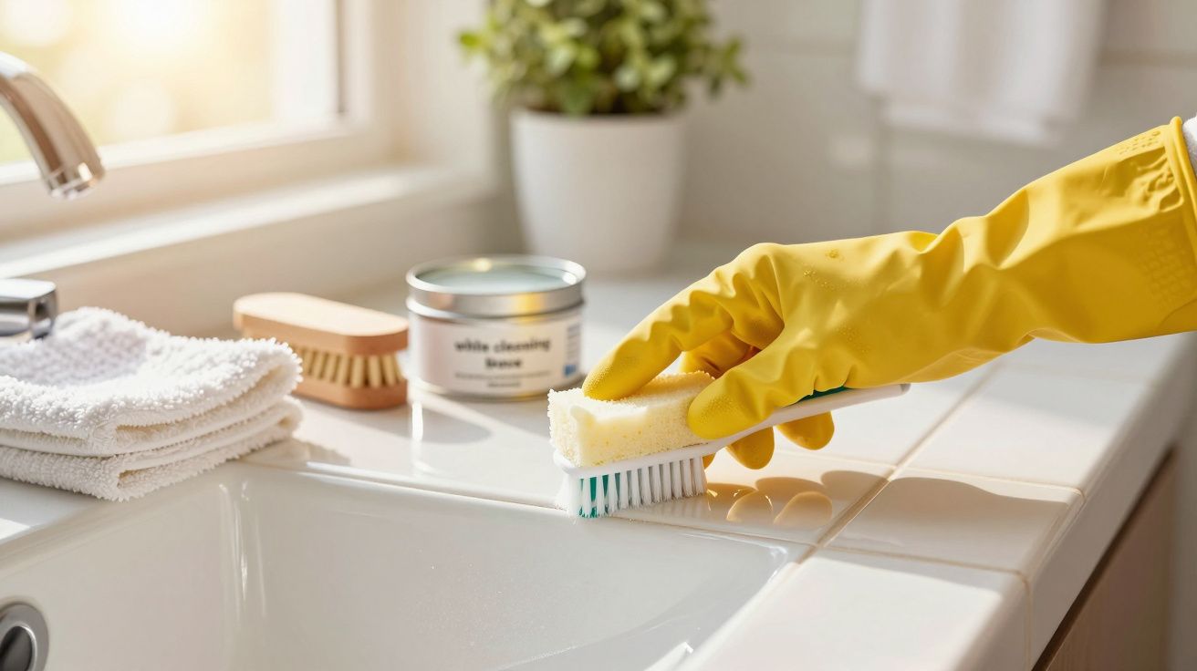 Mână cu mănușă galbenă curăță chiuveta cu o perie, lângă produse de curățenie și prosoape albe.