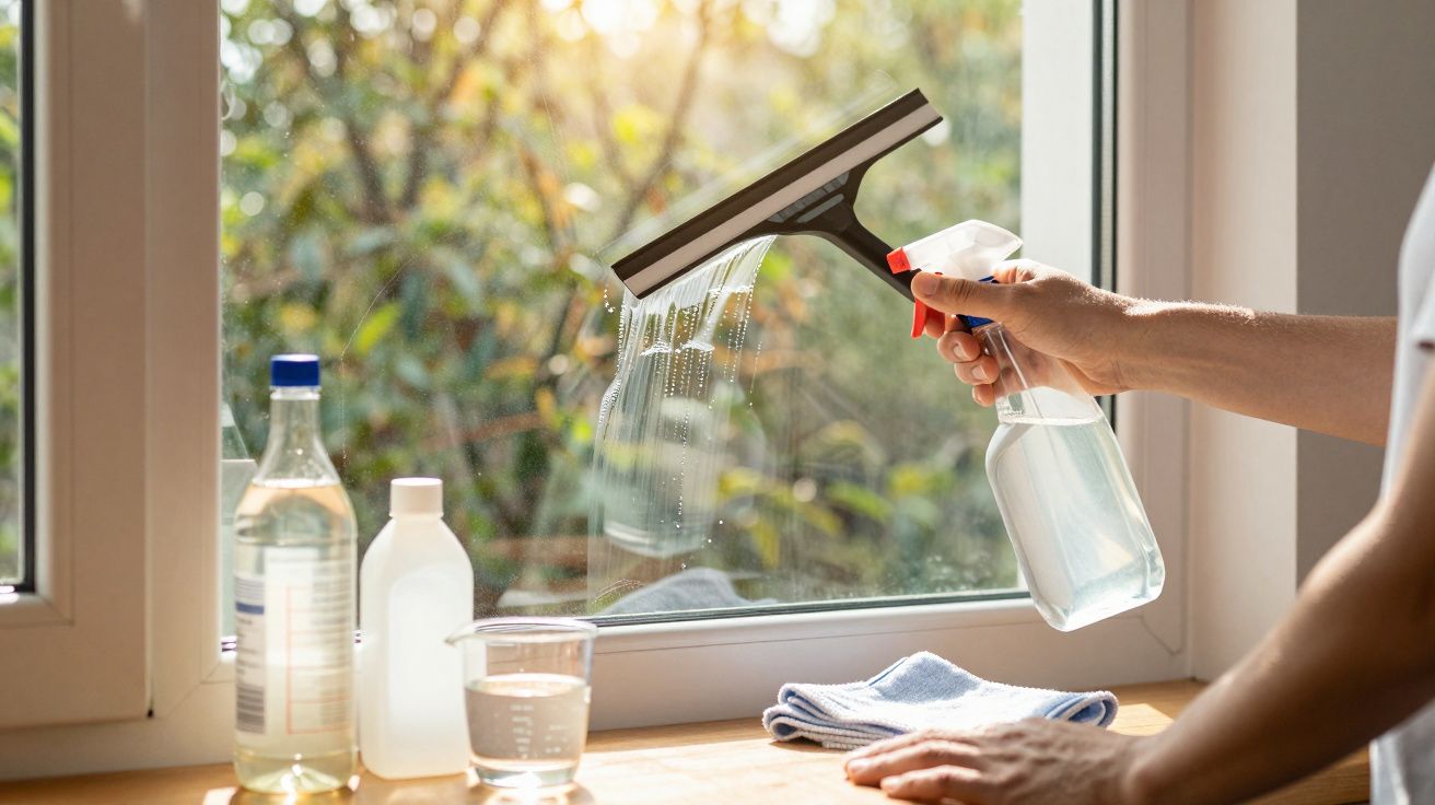 Persoană curățând o fereastră cu racletă și soluție de spălat, în lumina soarelui de dimineață.